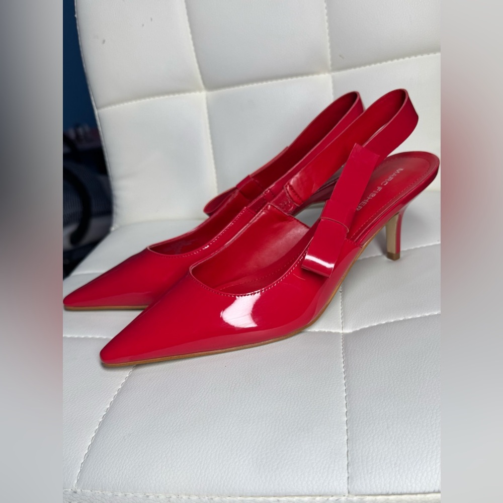 Red Patent Slingback Pointed-Toe Heels with Bow Accent - Picture 7 of 14